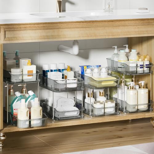 Delamu 2-Tier Under Sink Organizers and Storage, Multi-Purpose Stackable Bathroom Cabinet organizers, Pull Out Kitchen Pantry Organization and Storage with Dividers(4 Pack, Grey) - color: Grey, size: 4 Pack