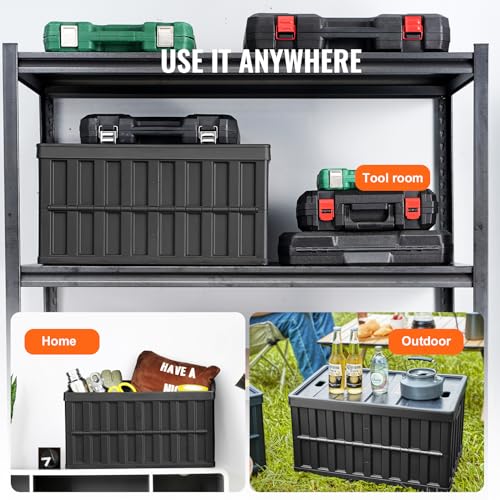 VEVOR 65L Collapsible Storage Bins with Lids 3 Packs, Stackable Utility Crates with Handles, Large Folding Containers for Organizing Tools, Books, Food, Drinks, Camping&Transport - size: 65L-Black