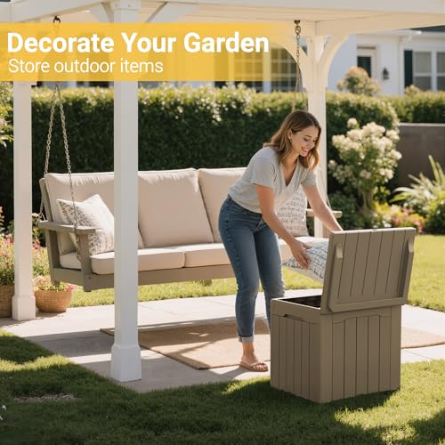 Greesum Outdoor Storage Box 31 Gallon Storage Box with Lid for Patio Furniture, Garden Tools, Pool Supplies, Waterproof and UV Resistant, Lockable, Light Coffee - color: Light Coffee, size: 31 Gallon