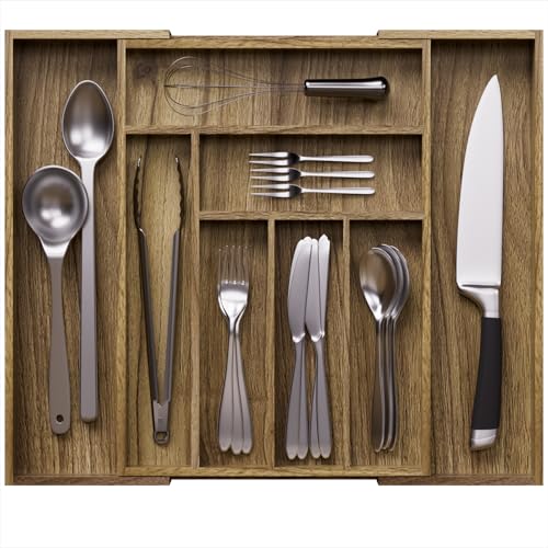 Kiasthome Acacia Wood Kitchen Silverware Drawer Organizer, Expandable Utensil Cutlery Drawer Organizer with Dividers, Flatware Organizer Silverware Tray for Spoon, Fork, 13''-21''x16.9'' (6-8 Slots) - size: 8 Slots Expandable