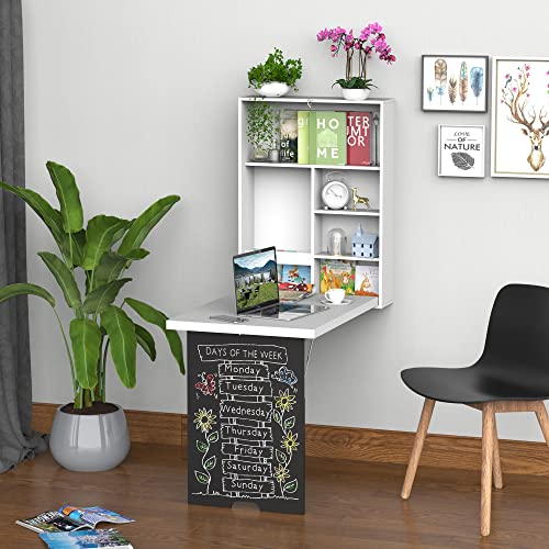 Foldable Wall Mounted Desk with Storage Shelves, Fold Out Convertible Computer Table with Blackboard, Folding Writing Table Workstation for Small Spaces,Home Office (White-a) - color: White-a