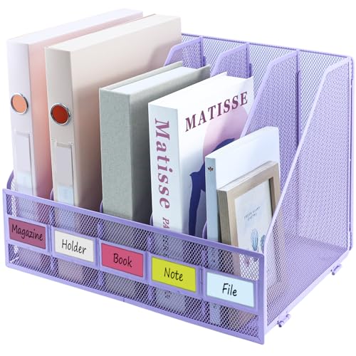 Desk Organizers, Metal Magazine File Holder with 5 Vertical Compartments Rack Binder File Organizer for Office Supplies, Home Workspace - Purple - color: Purple, size: 5 Compartments