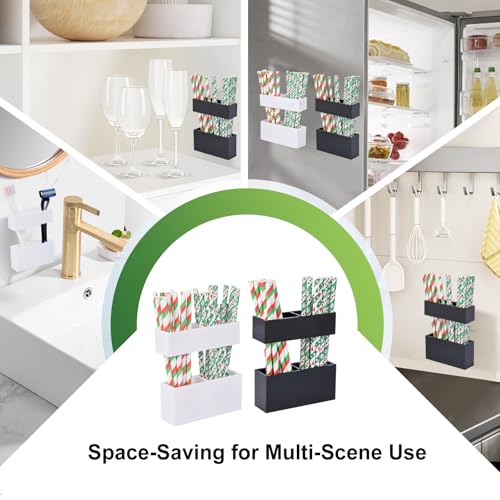Adjustable 2-Part Acrylic Straw Holder for Cabinet Doors (2 Pack), Reusable Straw Organizer with Ultra-Sticky Adhesive, Small Kitchen Accessories Container (Black and White) - color: Black&White