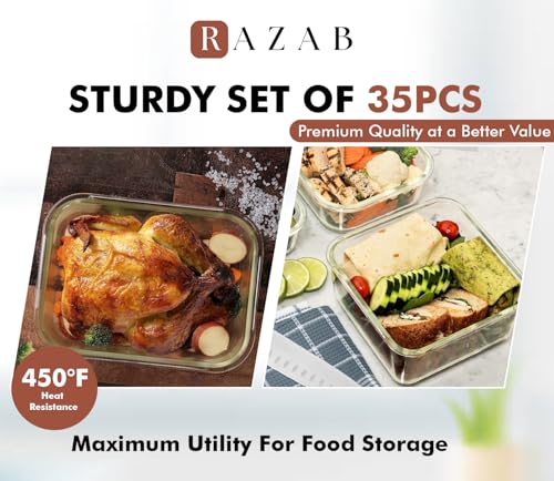 Razab 35 Pc Set Glass Food Storage Containers with Lids - Meal Prep Airtight Bento Boxes BPA-Free 100% Leak Proof (15 lids,15 glass & 5 Plastic Sauce/Dip Containers) - color: Gold