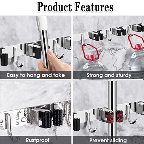 2 Pack 3 Racks and 4 Hooks Broom and Mop Holder Wall Mounted Garage Organizer Storage Tool Racks Stainless Steel Heavy Duty Hooks Self Adhesive Solid Non-slip Wall Hangers for Home Kitchen Garden - color: 3 Racks & 4 Hooks