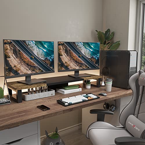WESTREE Dual Monitor Stand Riser, Wood and Steel Multi-Purpose Desktop Storage Stand for 2 Monitors for Computer, Laptop, Printer, TV, Rustic Brown - color: Rustic Brown