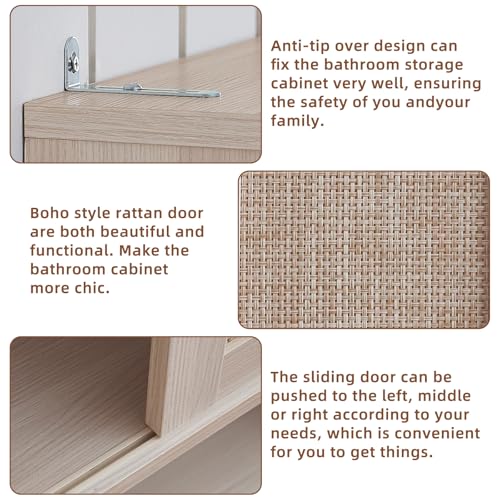 LEYAOYAO Rattan Over The Toilet Storage Cabinet, Farmhouse Over Toilet Bathroom Organizer with Sliding Door, 68" Tall Freestanding Washer Shelf with Adjustable Shelf & Curved Profile, Grey White - color: Grey White, size: 10"D×23.3"W×68"H