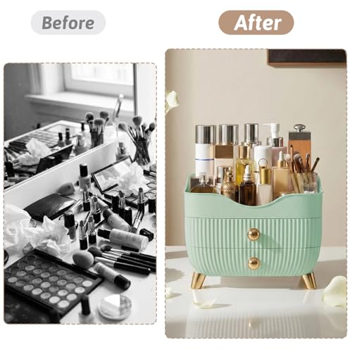 Makeup Organizer for Vanity, Large Capacity Skincare Cosmetic Organizer Countertop with 2 Drawers, Cosmetic Display Cases Makeup Storage Box for Bedroom, Bathroom, Ideal Gifts for Women(Green) - color: Green