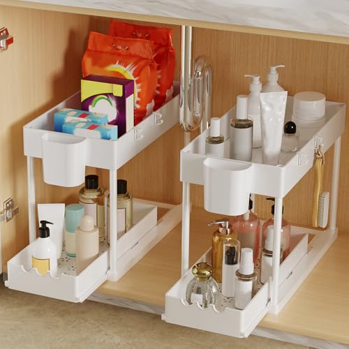 2 Pack Under Sink Organizers and Storage, 2-Tier Sliding Cabinet Organizer Drawer for Bathroom and Kitchen – Multi-Purpose Cabinet Organizer with Easy Pull-Out Design (White) - color: White., size: 2 Pack