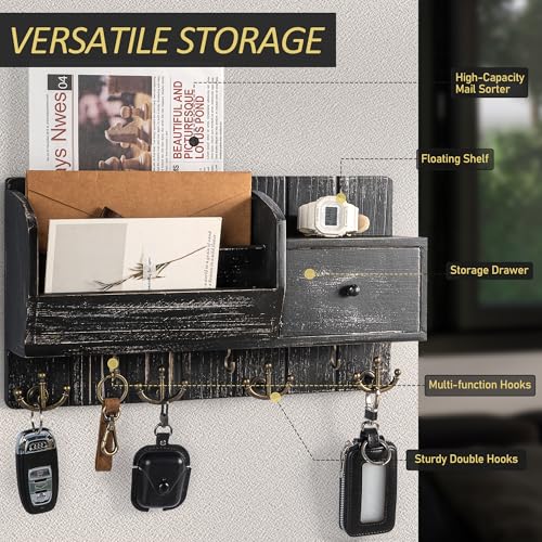 Rebee Vision Key Holder Wall Mount with Drawer & Mail Sorter – Rustic Wall Mail Organizer with Key Hooks for Entryway, Office, and Kitchen – Wooden Storage Drawer for Letters & File (Old Black) - color: Old Black