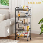 TOOLF 5-Tier Metal Utility Cart with 3 Hooks, Easy Assemble Mobile Storage Trolley On Wheels, Metal Shelving Units Kitchen Bathroom Laundry Room - color: Black, size: 5-Tier