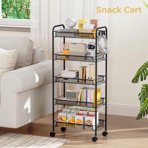 TOOLF 5-Tier Metal Utility Cart with 3 Hooks, Easy Assemble Mobile Storage Trolley On Wheels, Metal Shelving Units Kitchen Bathroom Laundry Room - color: Black, size: 5-Tier