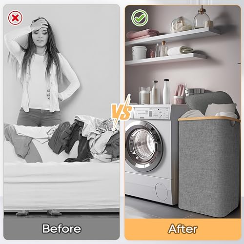 BALEINE Laundry Hamper with Lid, Tall Laundry Baskets with Bamboo Pull Handles, Large Laundry Bin with Internal Support (26 Gal/100L, Beige) - color: Beige, size: 100 liters