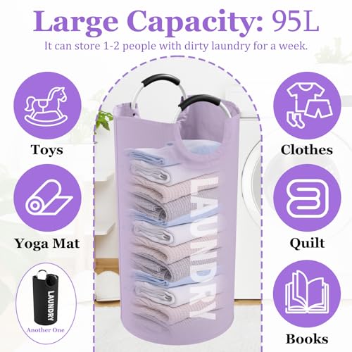 Set of 2 Collapsible Laundry Baskets with Aluminum Handles, 95L Large Laundry Baskets in 600D Oxford Fabric, Portable Dirty Clothes Hampers for Bedroom, Travel, Black + Purple - color: Black + Purple, size: L-95L