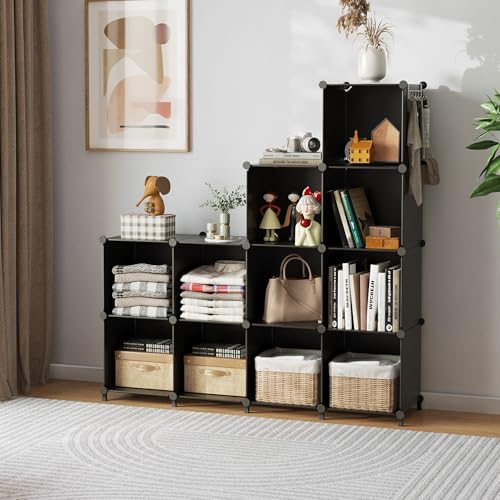 AWTATOS Cube Storage Organizer Closet Storage Shelves DIY Stackable Plastic Storage 12 Cube Bookshelf, Ideal Storage Organizer for Closet, Home, Bedroom, Black - color: Black
