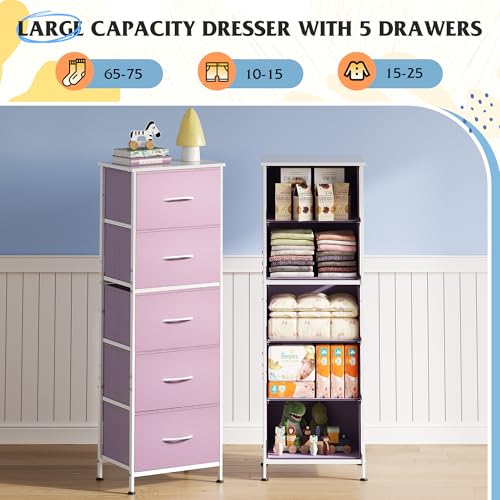 WLIVE Fabric Dresser for Bedroom, 5-Drawer Tall Dressers, Storage Organizer with Fabric Bins, Wood Top, Sturdy Steel Frame, Chest of Drawers for Closet, Hallway, Cloudy Pink - color: Cloudy Pink