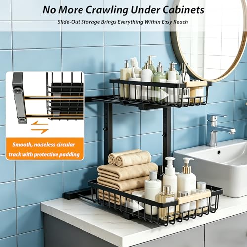 2 Pack Under Sink Organizer, 2-Tier Pull Out Kitchen Cabinet Organizer, Height Adjustable Metal Slide Out Bathroom Organizers and Storage Makeup Drawer Organizer for Office Bedroom (B-Black, 2Pack) - color: B-Black, size: 2-Pack