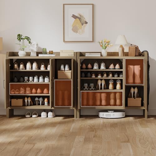 Mericonia Rattan Shoe Storage Cabinet, Farmhouse Shoe Cabinets Storage for Entryway, Boho Wooden Shoe Rack with 3 Doors for Entryway, Hallway (Natural, 3 Door) - color: Natural, size: 3 Door