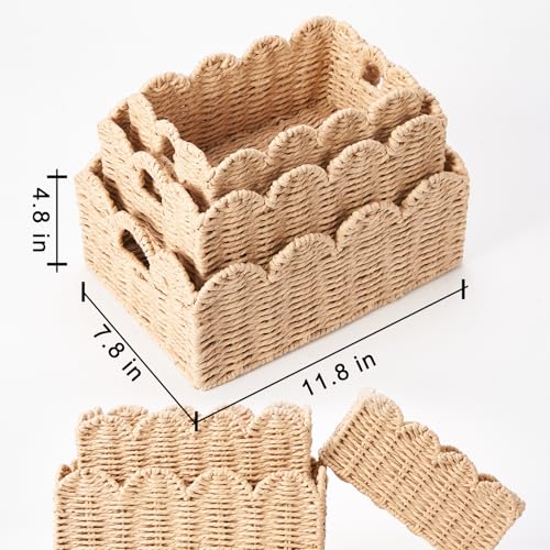 Scalloped Wicker Baskets, Set of 3 Hand-Woven Storage Baskets with Handles - Paper Rope Shelf Organizers & Decorative Baskets for Shelves, Closet, Bathroom (Beige） - color: Beige