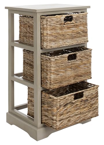 SAFAVIEH Home Collection – Halle Vintage Grey Storage Side Table with Wicker Baskets, Farmhouse Accent Storage, Fully Assembled (AMH5738D) - color: Vintage Grey