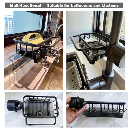 Sink Organizer Rack for Kitchen and Bathroom, 2025 New Stainless Steel Detachable Hanging Faucet Drain Rack with Drip Tray Faucet Sponge Holder for Bathroom (Black, Right) - size: Right