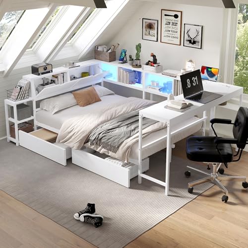 HRVEOCEI Corner Bed Frame Full with Storage Bookshelf & Desk, U-Shaped Daybed Frame with 2 Drawers, Metal Corner Beds with Charging Station & LED Lights for Bedroom, Flip Left or Right (White, Full) - color: White, size: Full
