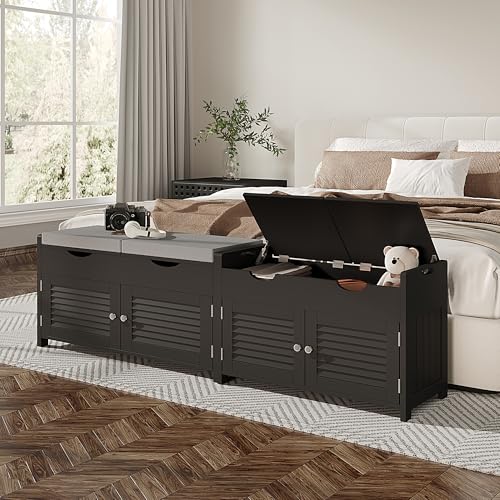ChooChoo Shoe Storage Bench with Lift Top Storage, Entryway Bench with 2 Cushioned Seats, 3 Compartments, Adjustable Shelf, Shoe Cabinet for Entryway, Bedroom, Living Room, Black - color: Black, size: 13.78"D x 29.53"W x 19.69"H