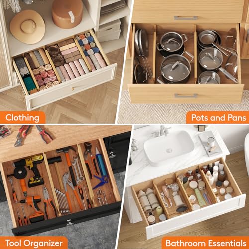 Lifewit 6" High 8 Pack Bamboo Drawer Dividers 45-55cm/17.5-22" Adjustable Wooden Drawer Organizer for Clothes/Utensils, Expandable Drawer Separator for Dresser/Kitchen/Bedroom/Office Organization - size: 6"H, 17.5-22"L