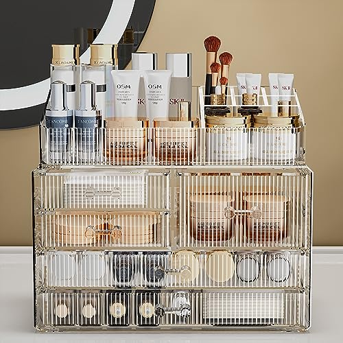 ZHIAI Stackable Storage Drawers, Acrylic Bathroom Counter Organizer Clear Makeup Organizers for Vanity, Kitchen Cabinets, Bathroom, Undersink, Home Organization and Storage (2Top 3 Drawers,) - color: (2 Base, 3 Drawers) with Top