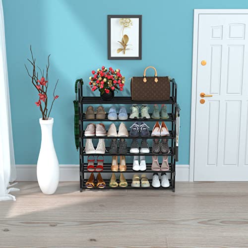 Hsscblet 6 Tiers Metal Shoe Rack,Adjustable Shoe Shelf Storage Organizer with Hooks,Stackable Boot & Shoe Storage,for Entryway,Hallway,Closet,Black - size: 6-Tier