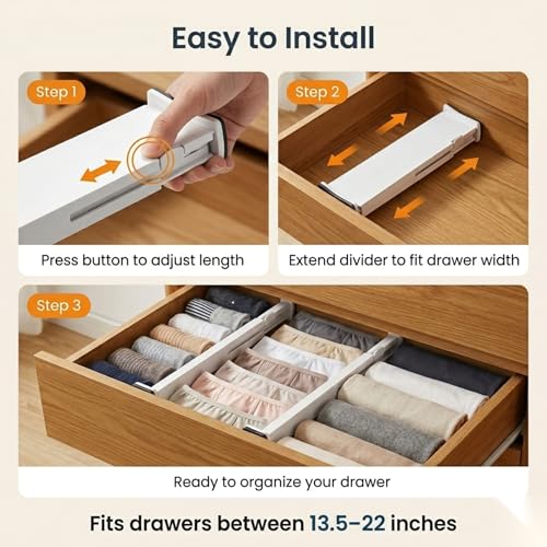 Adjustable Drawer Dividers – Expandable 14.7–21” Drawer Organizer with Non-Slip Ends, Easy Install for Kitchen, Dresser & Closet Storage (“White”)