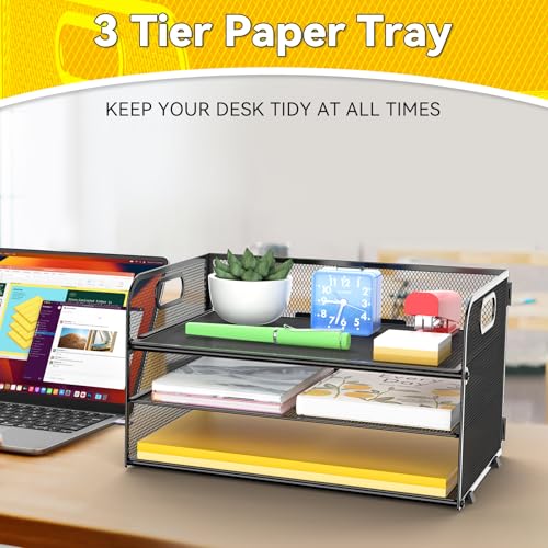 MINDEPOT 3 Tier Paper Organizer Tray with Handle, Mesh Letter Tray for Office, Home, School (1 Pack), Black - size: 12.8" x 9" x 7.5"