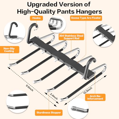 Pants Hangers Space Saving - 4 PCS Closet Organizer and Storage Jean Hangers, Stainless Steel Anti-Slip Clothes Hanger Scarf Holder Pants for Jeans Leggings Trousers Rack for Back to School, Black - size: 4