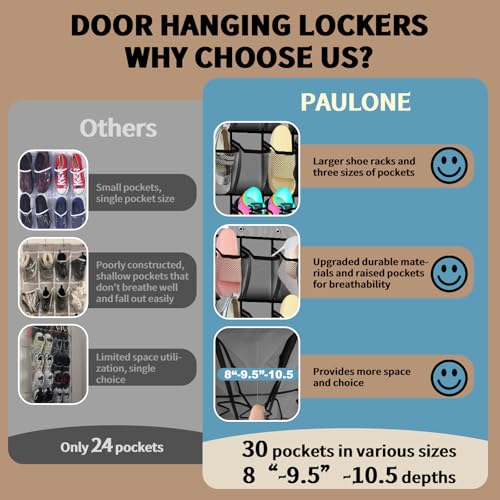 PAULONE Over the Door Organizer with 30 Large Pockets, 3 Sizes of Closet Hangers, Holds up to 69 lbs, Hanging Organizer with Clear Window for Children's Toys, Shoes, Diapers (Gray) - color: Gray