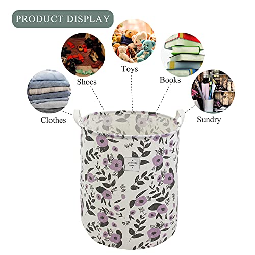 Mziart Collapsible Laundry Basket, Floral Printing Large Laundry Hamper for Baby Girls Kids Toys Clothes Organizer Foldable Storage Bin Waterproof Canvas Nursery Storage Basket with Handles (Purple) - color: Purple