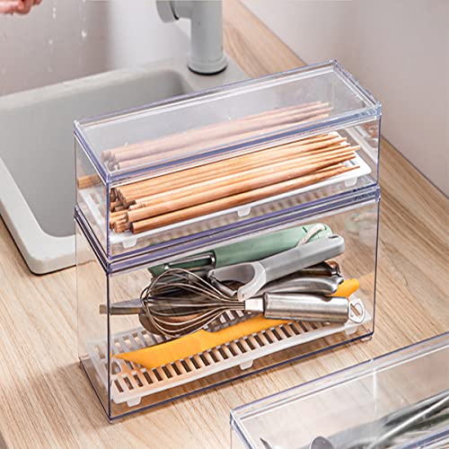 Large Transparent Flatware Tray Kitchen Drawer Organizer With Lid and Drainer - Plastic Kitchen Cutlery Tray and Utensil Storage Container with Cover - Dust-proof Dinnerware Holder - color: Large transparent