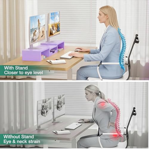 OPNICE Dual Computer Monitor Stand Riser with Drawer, Workspace Desk Organizer, Office Supplies Desk Accessories for Women, Purple - color: Purple