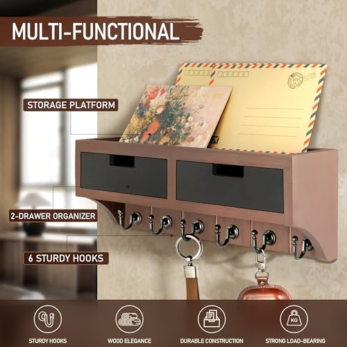 Rebee Vision Modern Farmhouse Key Holder Wall Mount with 2 Drawer Organizer : Mail Organizer with 6 Key Hooks and Wall Shelf - Home Organization for Room Decor (Brown & Black) - color: Brown & Black, style: 2-Drawer