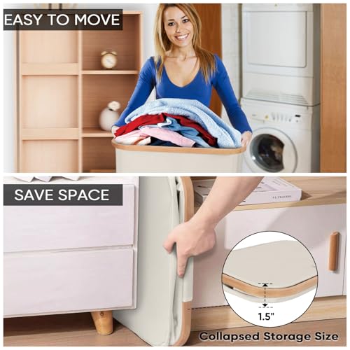 BALEINE Laundry Hamper with Lid, Tall Laundry Baskets with Bamboo Pull Handles, Large Laundry Bin with Internal Support (18 Gal/70L, Beige) - color: Beige, size: 70 liters