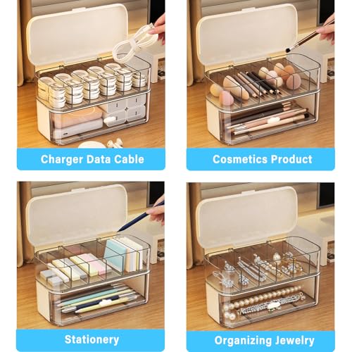 RayHenry 2 PCS Stackable Cable Organizer Storage Box, Desktop Cord Management Box for Chargers, Jewelry, Hair Ties, Cables, Desk Organizer with Drawer