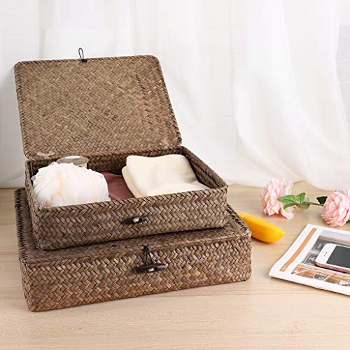 Hipiwe Set of 2 Flat Woven Wicker Storage Bins with Lid Natural Seagrass Basket Multipurpose Home Boxes for Shelf Organizer (Coffee) - color: Coffee, size: Small+Large
