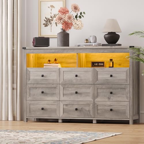 Dresser for Bedroom with 9 Drawers, Wide Chest of Drawers with LED Light and Power Outlet, Wooden Closet Organizer Clothes Storage Cabinet, Modern Double Dressers for Living Room, Hallway, Grey - color: Grey, size: 15.8"D x 59.1"W x 39.4"H (9 Drawers)