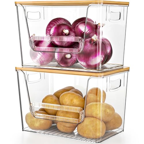 Delamu 2 Set Pantry Organizers and Storage, Trash Bag Holder Under Sink Organizer for 4-13 Gal Bags, Trash Bag Dispenser with Bamboo Top for Onion, Potato, Garlic, Clear (11-7/32"L*7" W*7-1/8"H) - color: Clear, size: 2pack
