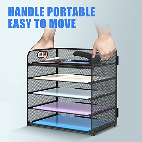 Supeasy 5 Trays Paper Organizer Letter Tray with Handle-Mesh Desk File Holders, Paper Sorter Desk Organizer for Office, Home, Classroom or School - color: Black