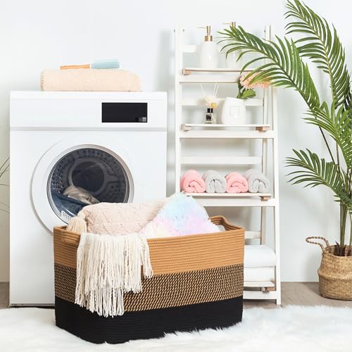 MINTWOOD Design 22in Extra Large Blanket Basket Holder for Living Room, Rectangle Rope Woven Storage Bin with Handles for Laundry, Pool Towels, and Shoes, Dog Toy Box Organizer, Black Jute - color: Black Jute