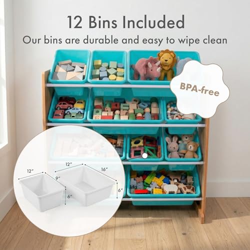 Humble Crew Toy Storage Organizer with 12 Removable Storage Bins for Kids Playroom, 4-Tier Toddler Toy Organization, Natural Wood/Aqua - color: Natural Wood/Aqua