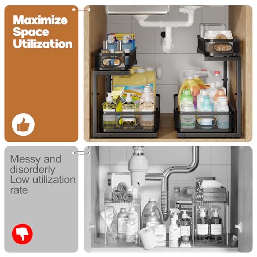 2 Pack 21.3IN-Depth Under Sink Organizer with Smooth Cylindrical Rail,2-Tier Pull Out Multi-Purpose Cabinet Storage for Bathroom&Kitchen,Height Adjustable,Rust-Resistant Coating-Black - color: Black, size: 2 Pack-21.3"Dx11"-16.14"H