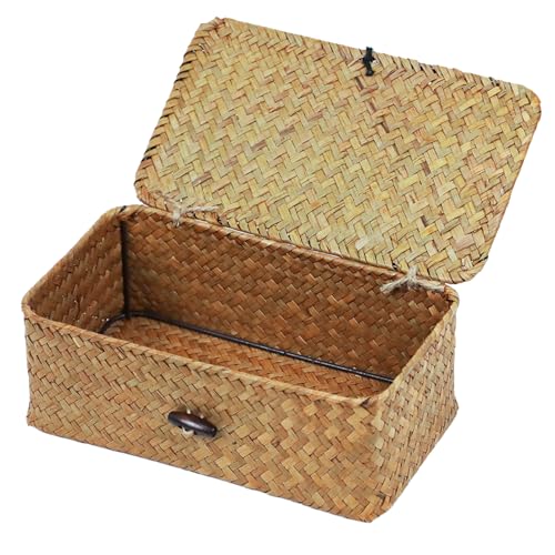 Wicker Storage Basket with Lid, Natural Seagrass Storage Baskets for Organizing, Rectangular Woven Basket for Storage, Decorative Boxes Bins with Lids Home Organizer Decor - size: 9.05" x 5.11" x 3.34"