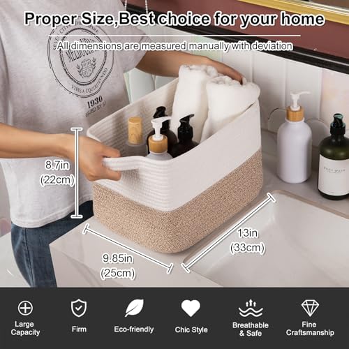 OIAHOMY Woven Storage Basket for Shelves, Rectangle Cotton Rope Baskets for Organizing, 13 x 10 x 9 in, Storage Bins for Dog Toys,Towel,Books,Gift,Brown and White - color: Brown and White, size: 13"x10"x9"