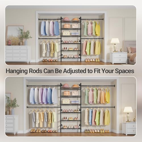 Timate S3X Expandable Wall Mounted Closet System, Heavy Duty Clothes Rack with 6 Adjustable Metal Shelves & 4 Hanger Rods, Closet Organizers and Storage Fits Spaces 5'11"- 8'10", Black - color: Black, size: S3X